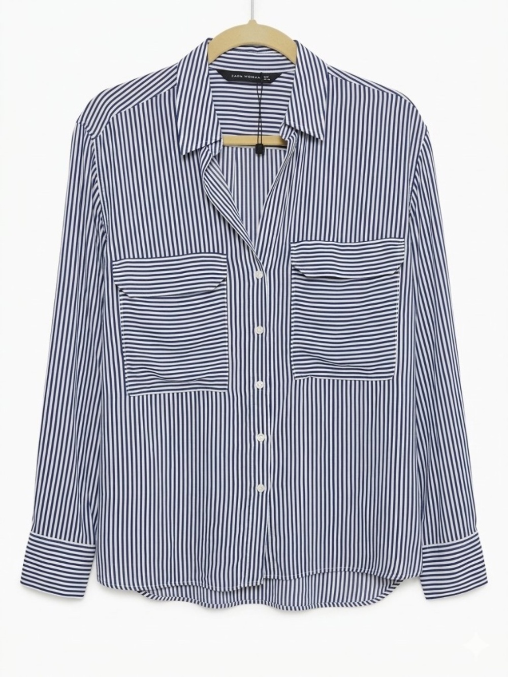 ZARA Woman Striped Button Down Shirt Blouse Viscose Blue Black Large Pockets